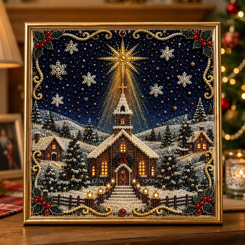 Christmas starlit church pearl diamond painting kit for beginners