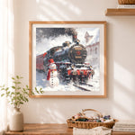 Finished christmas steam train cross stitch artwork displayed as home decor