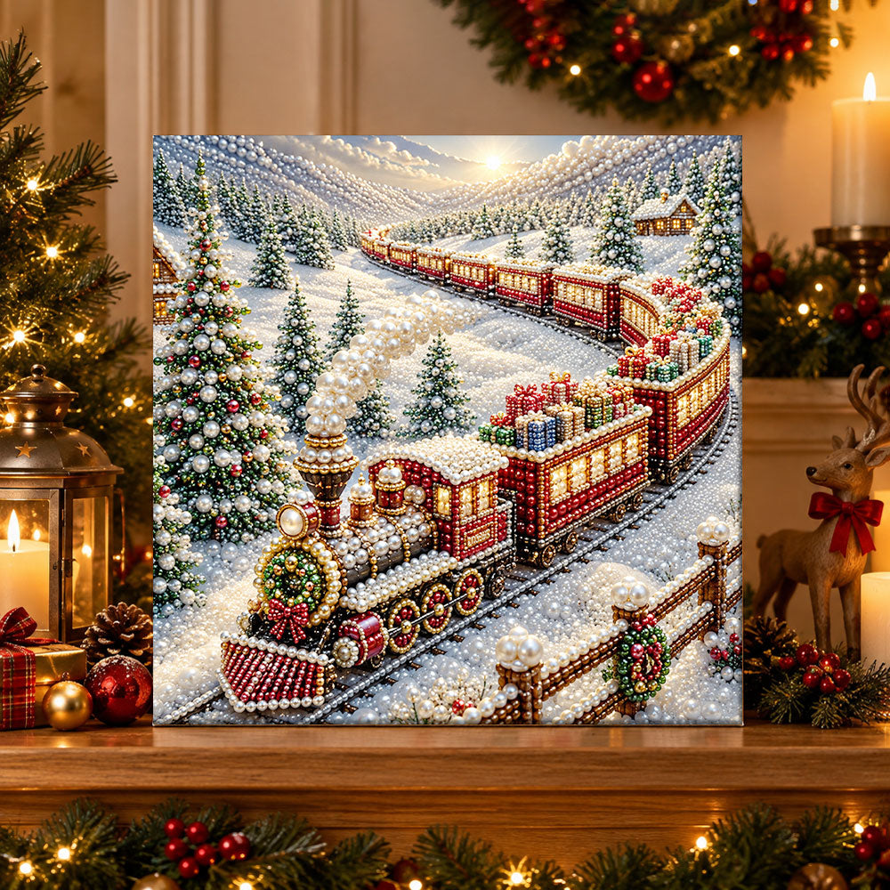 Finished christmas steam train pearl diamond painting artwork displayed as holiday home decor