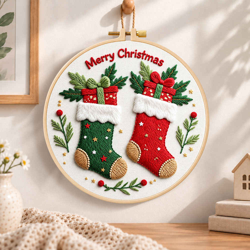 Christmas stocking cheer embroidery hoop wall art displayed as warm and cozy handmade home decor