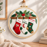 Christmas stocking decor embroidery hoop wall art displayed as warm and cozy handmade home decor