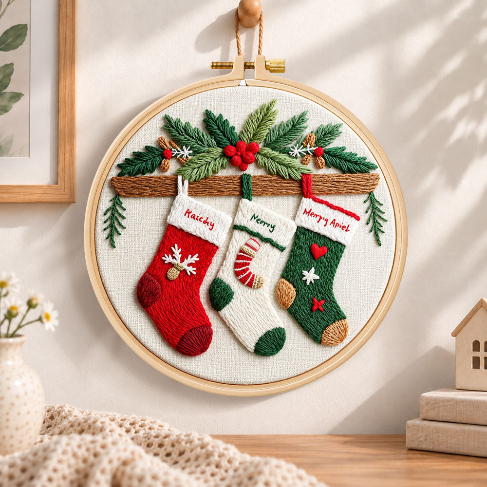 Christmas stocking decor embroidery hoop wall art displayed as warm and cozy handmade home decor