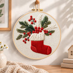 Christmas stocking embroidery hoop wall art displayed as warm and cozy handmade home decor