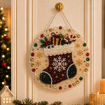Finished christmas stocking pearl diamond painting artwork displayed as holiday home decor
