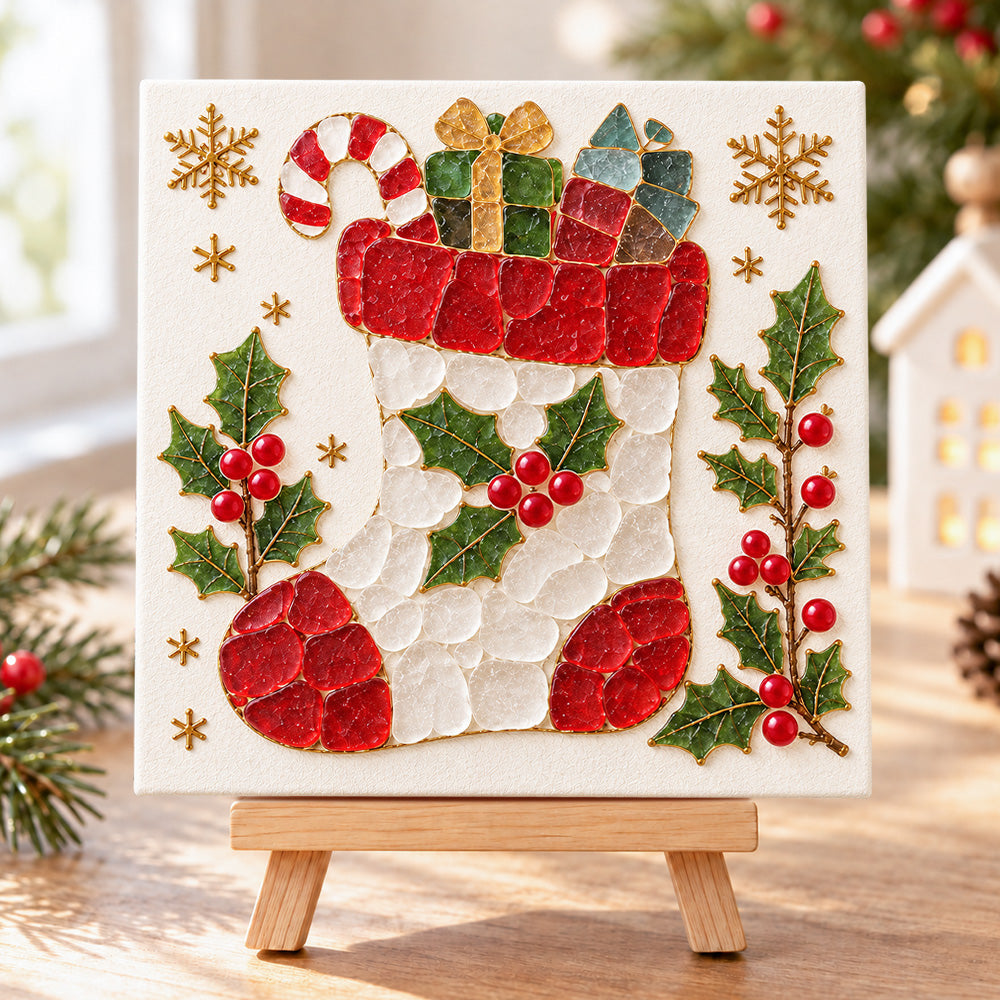 Christmas stocking sea glass art kit finished artwork on display