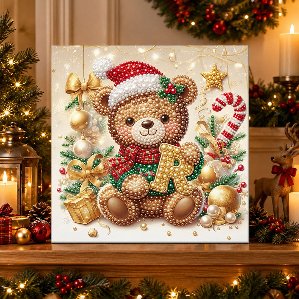 Finished Christmas teddy bear letter r pearl diamond painting artwork displayed as holiday home decor