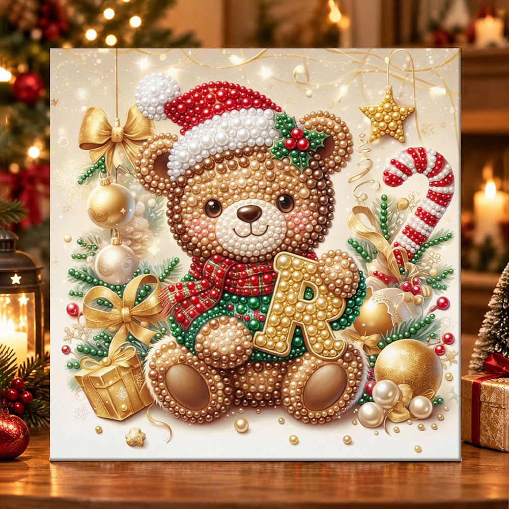 Christmas teddy bear letter r pearl diamond painting kit for beginners