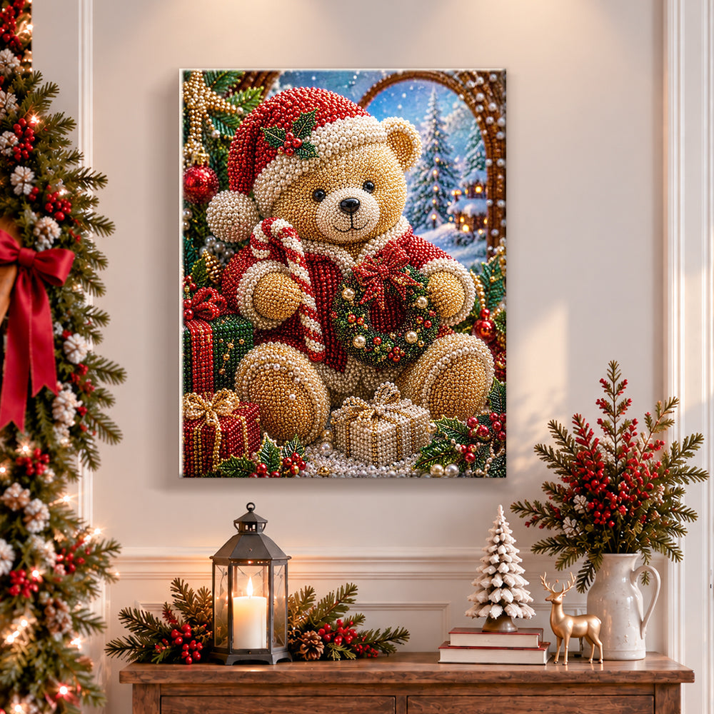 Finished christmas teddy bear with candy cane pearl diamond painting artwork displayed as holiday home decor