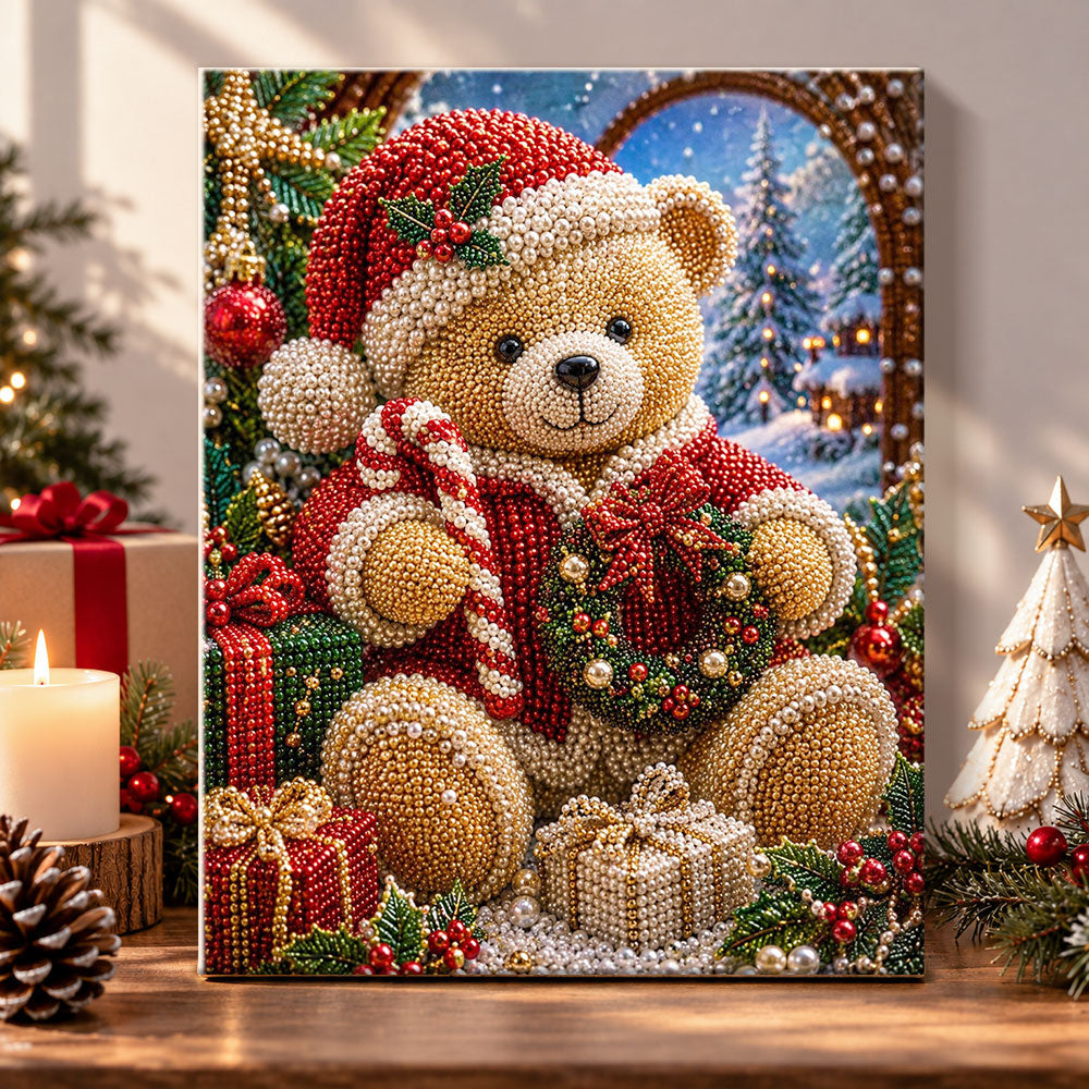 Christmas teddy bear with candy cane pearl diamond painting kit for beginners