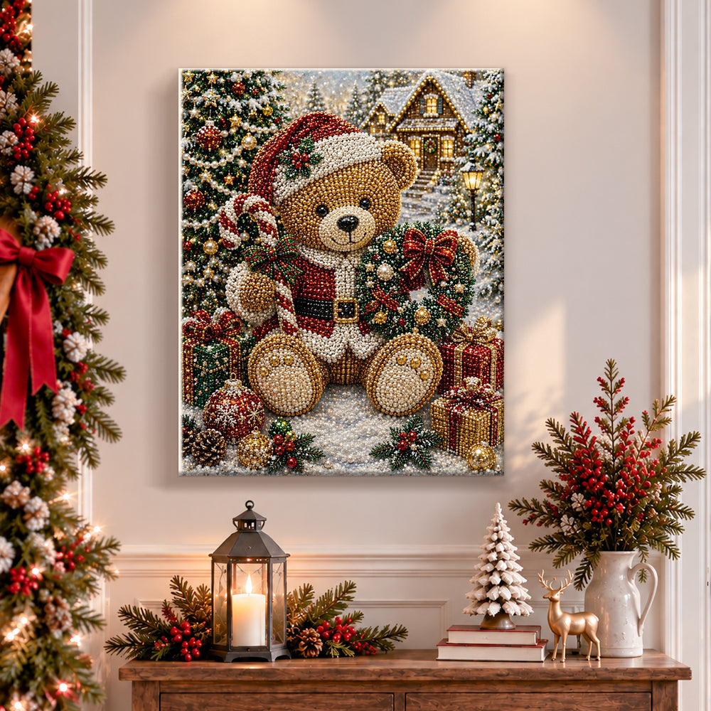 Finished christmas teddy bear with wreath pearl diamond painting artwork displayed as holiday home decor