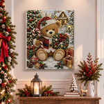 Finished christmas teddy bear with wreath pearl diamond painting artwork displayed as holiday home decor