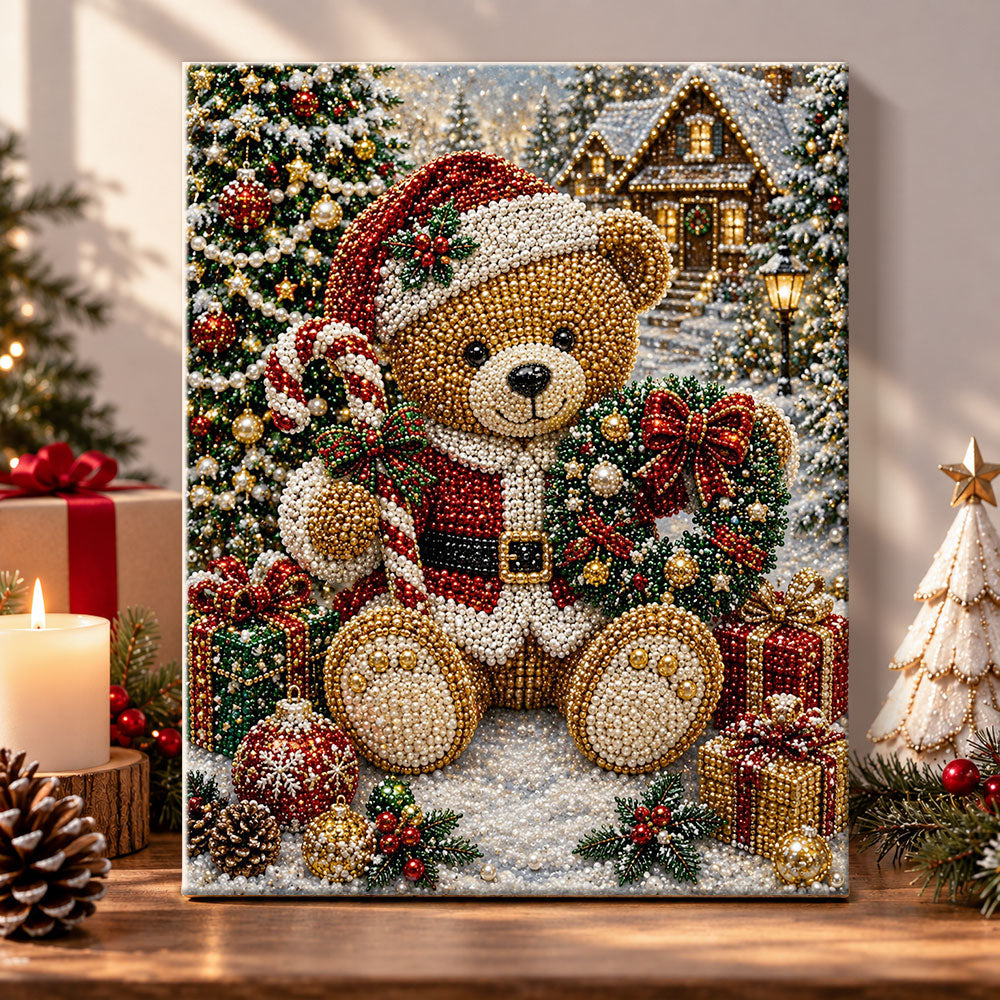 Christmas teddy bear with wreath pearl diamond painting kit for beginners