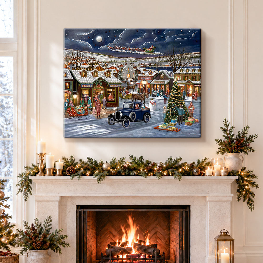 Finished christmas town night pearl diamond painting artwork displayed as holiday home decor