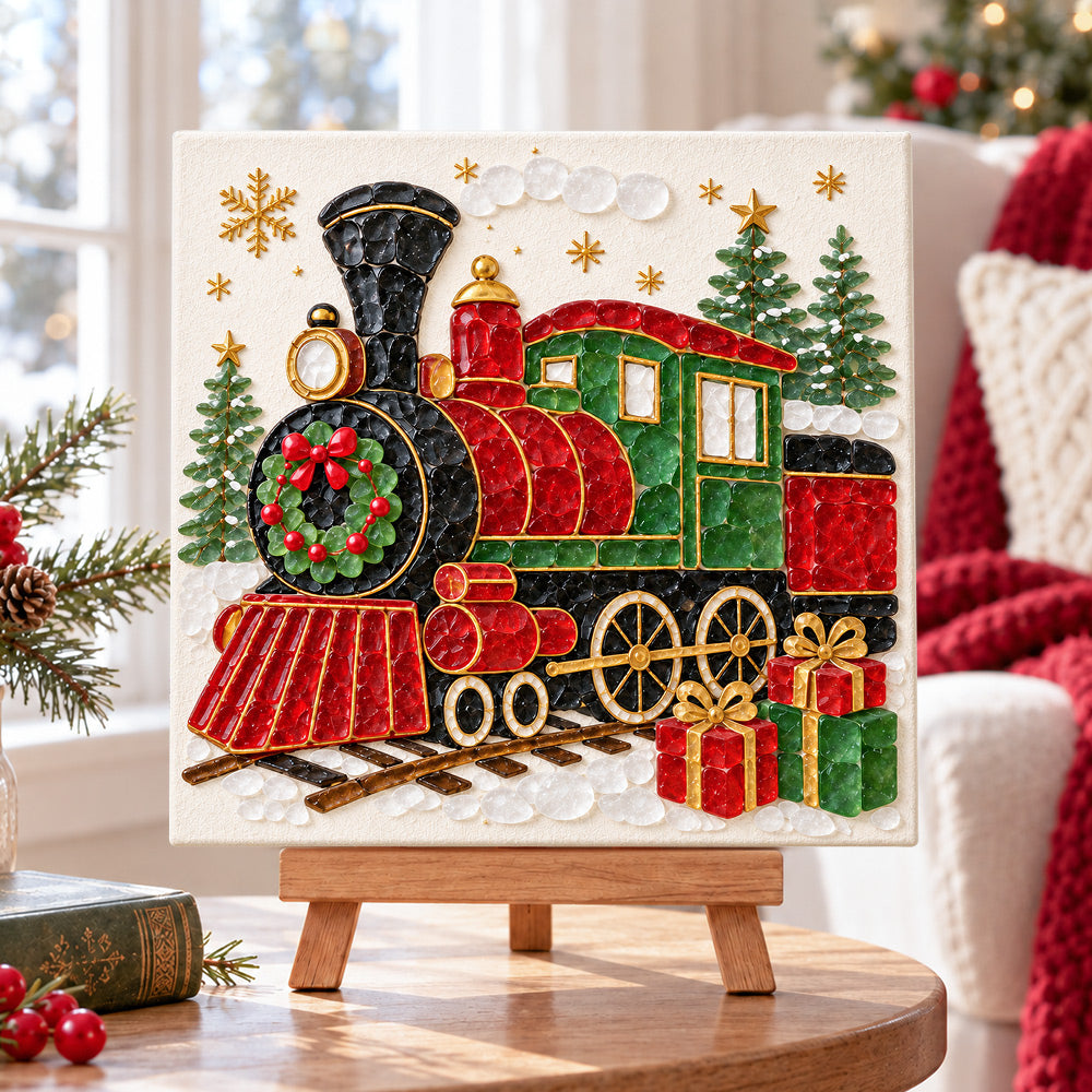 Christmas train sea glass art kit displayed as seasonal home decor