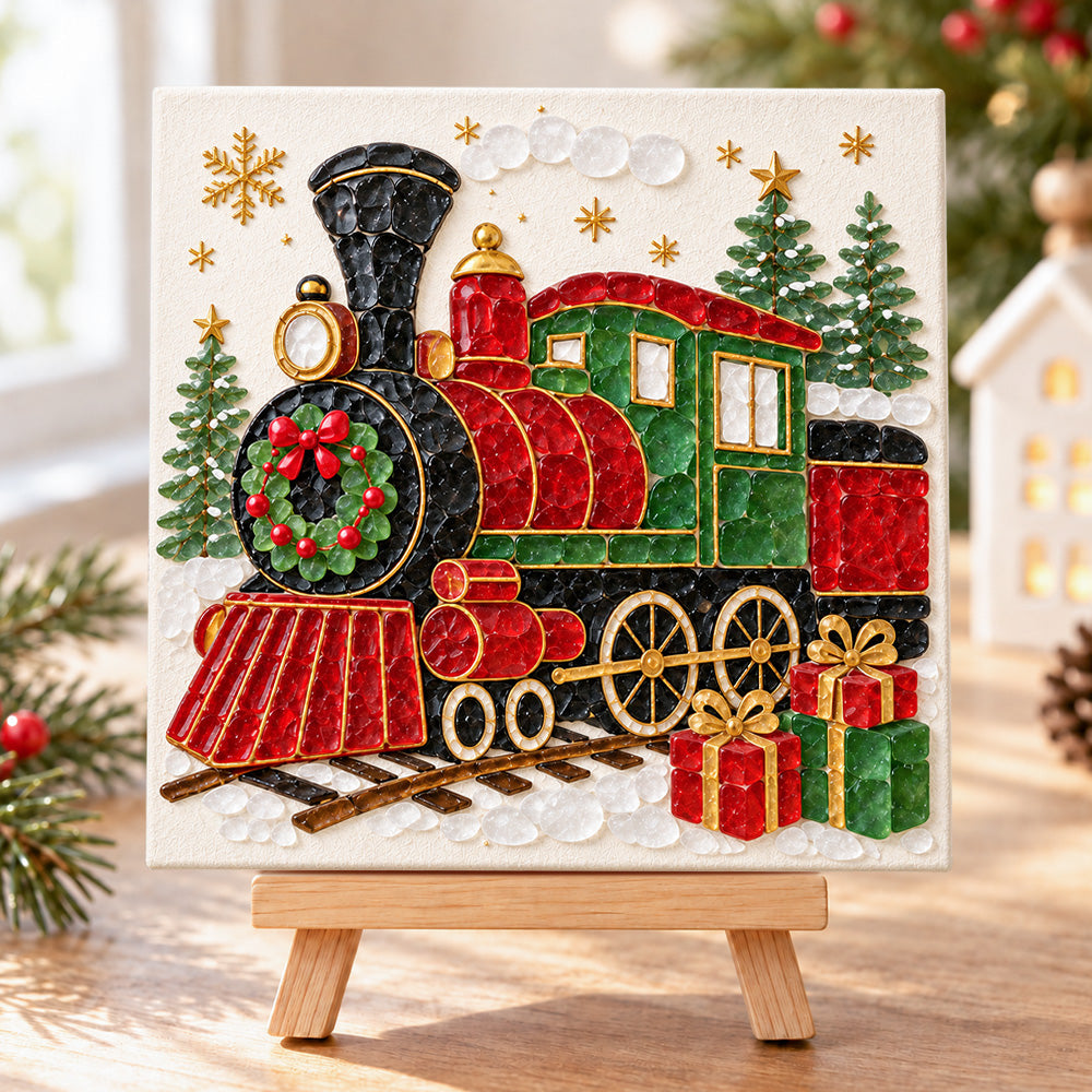 Christmas train sea glass art kit finished artwork on display