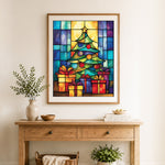 Finished christmas tree and presents cross stitch artwork displayed as home decor