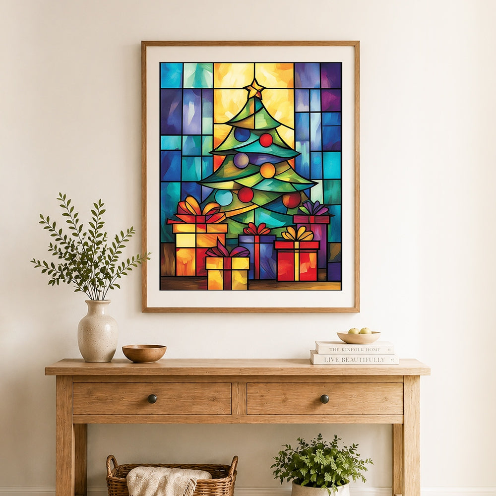 Finished christmas tree and presents cross stitch artwork displayed as home decor