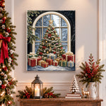 Finished christmas tree by arched window pearl diamond painting artwork displayed as holiday home decor