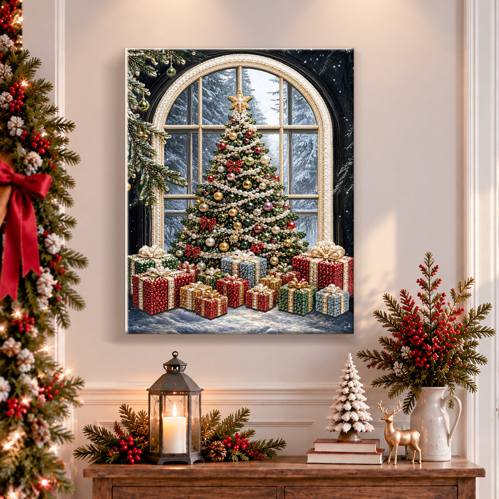 Finished christmas tree by arched window pearl diamond painting artwork displayed as holiday home decor