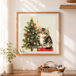 Finished christmas tree kitten cross stitch artwork displayed as home decor