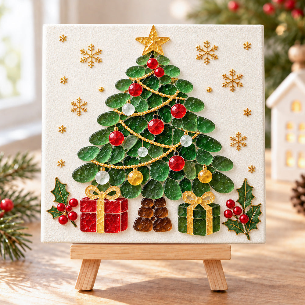Christmas tree sea glass art kit finished artwork on display
