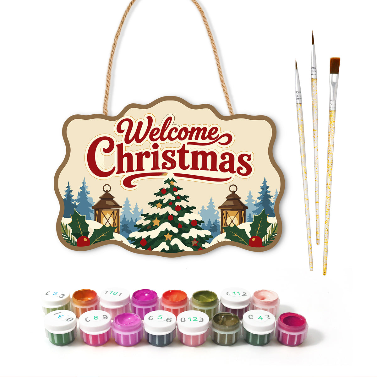 Christmas tree welcome paint by numbers door hanger with paints and brushes