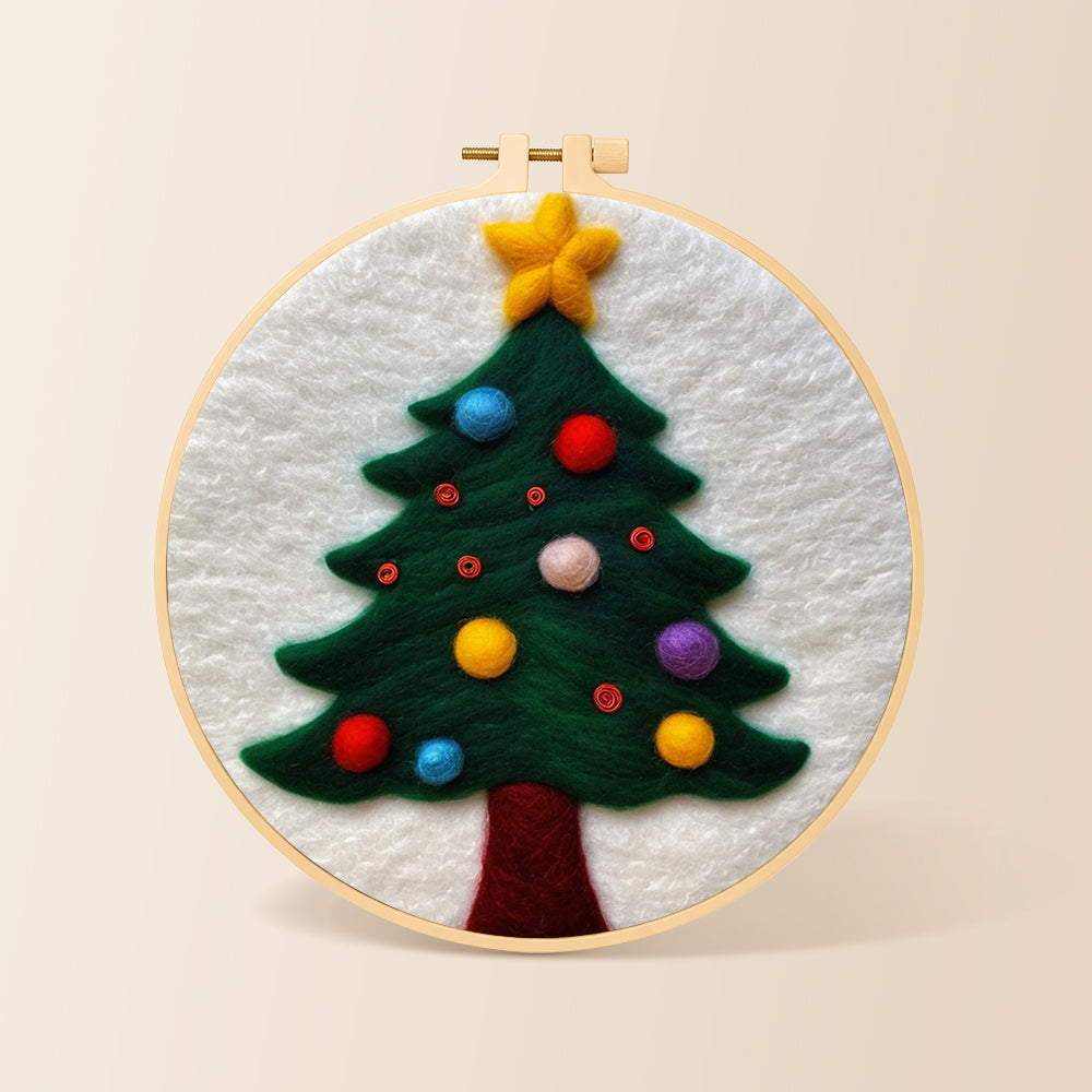 Christmas tree with colorful baubles needle felting kit for beginners with a round wooden frame
