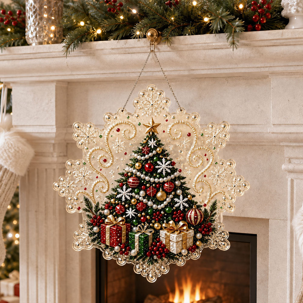 Finished christmas tree with gifts and snowflakes pearl diamond painting artwork displayed as holiday home decor