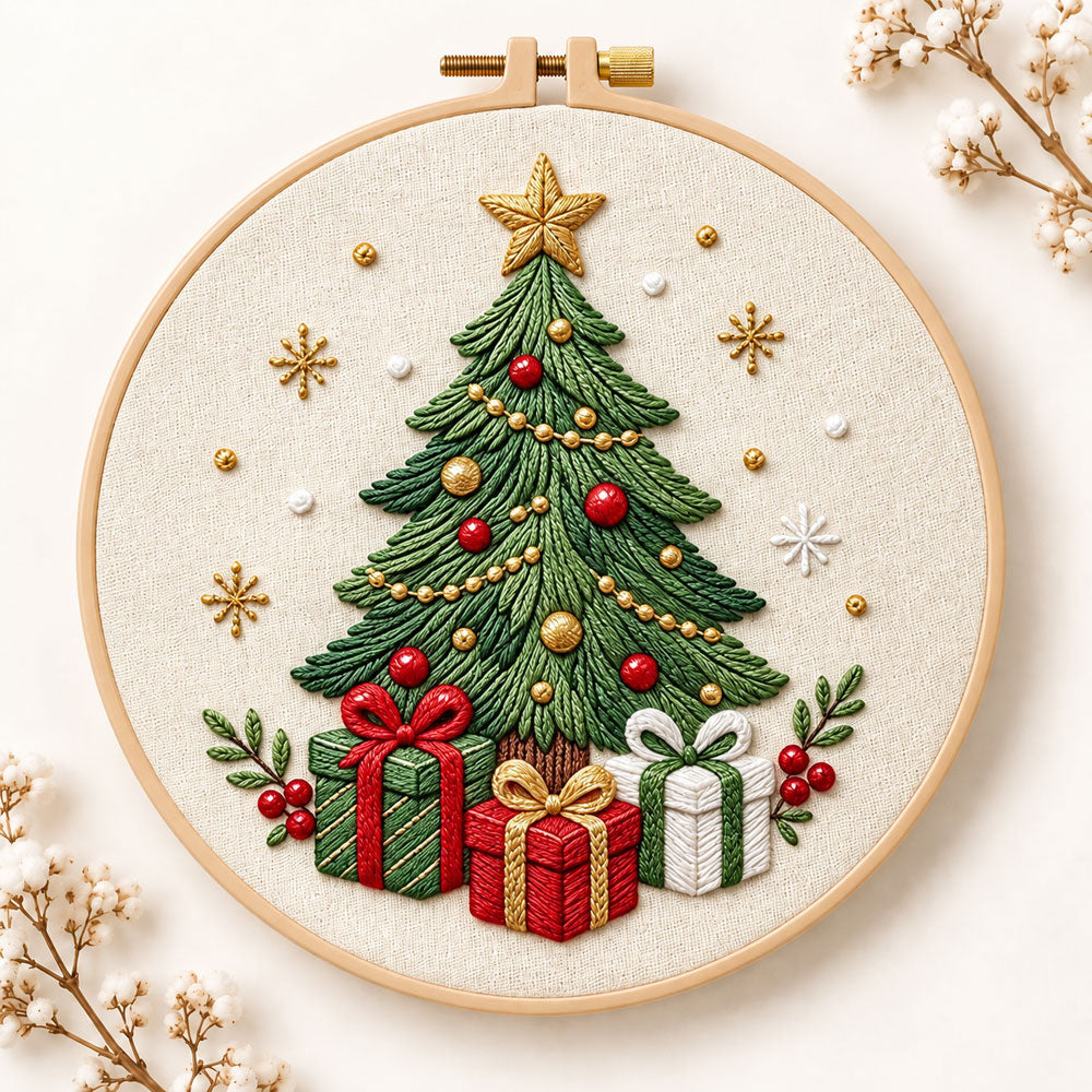 Christmas tree with gifts embroidery kit