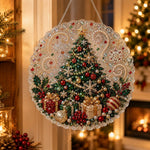 Finished Christmas tree with gifts pearl diamond painting artwork displayed as holiday home decor