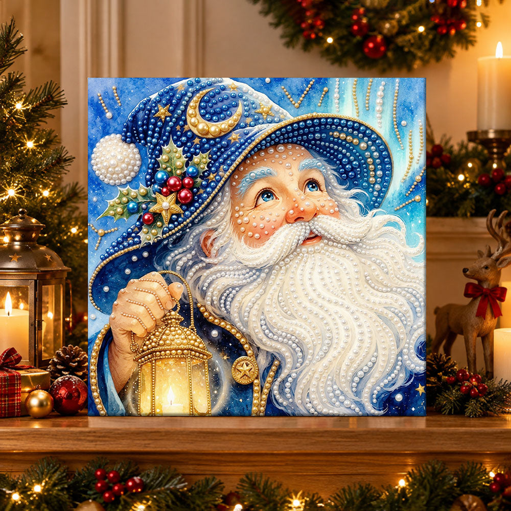 Finished christmas wizard with lantern pearl diamond painting artwork displayed as holiday home decor