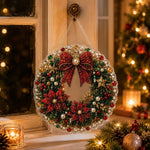 Finished christmas wreath pearl diamond painting artwork displayed as holiday home decor