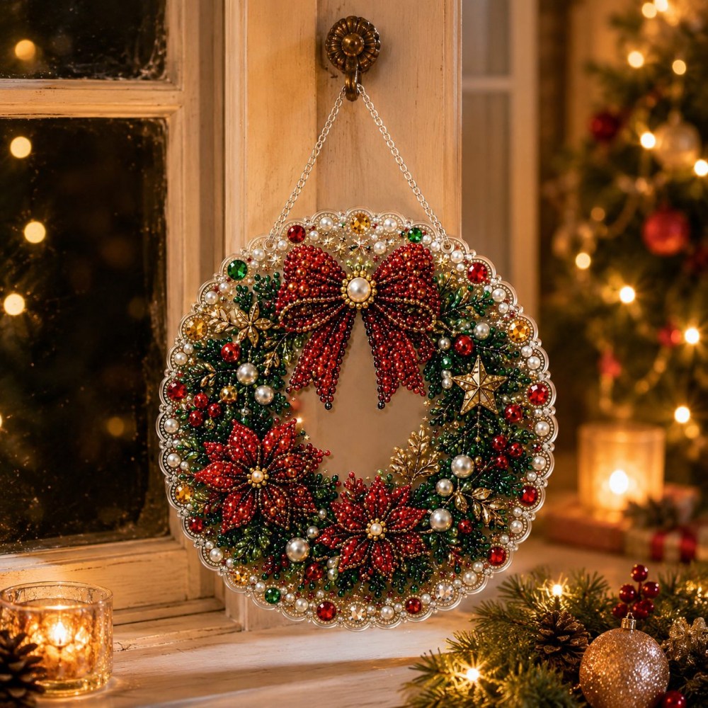 Finished christmas wreath pearl diamond painting artwork displayed as holiday home decor