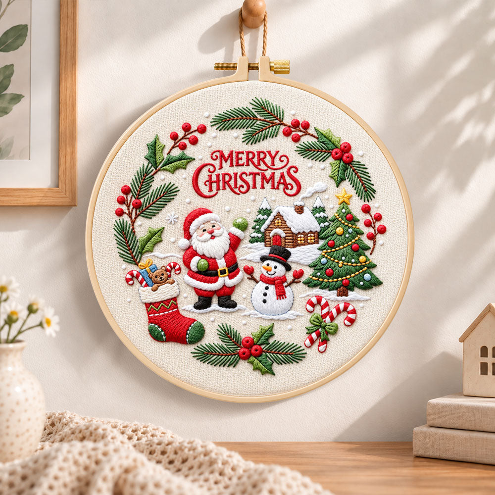 Christmas wreath scene embroidery hoop wall art displayed as warm and cozy handmade home decor