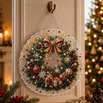 Finished christmas wreath with bow pearl diamond painting artwork displayed as holiday home decor