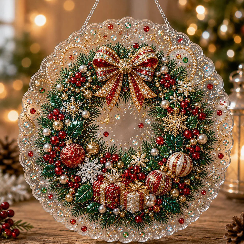 Christmas wreath with bow pearl diamond painting kit for beginners