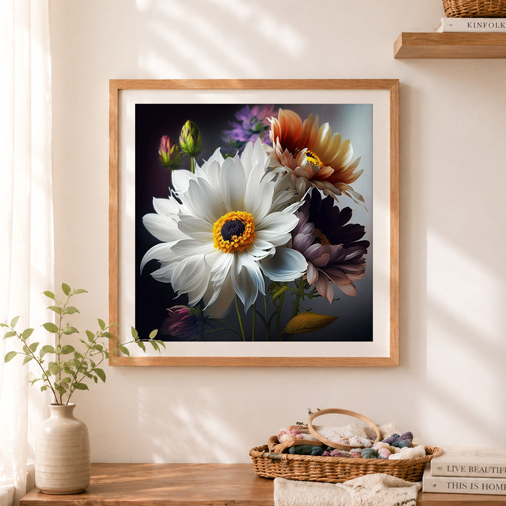 Finished chrysanthemums with yellow stamens cross stitch artwork displayed as home decor