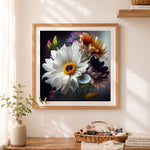Finished chrysanthemums with yellow stamens cross stitch artwork displayed as home decor