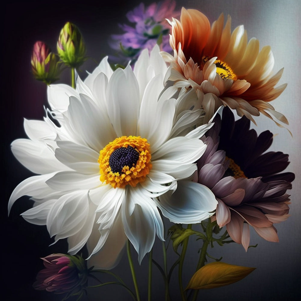 Chrysanthemums with yellow stamens cross stitch kit for beginners