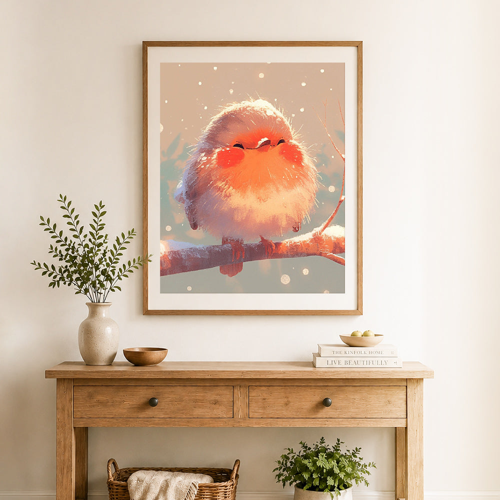 Finished chubby bird in winter snow cross stitch artwork displayed as home decor