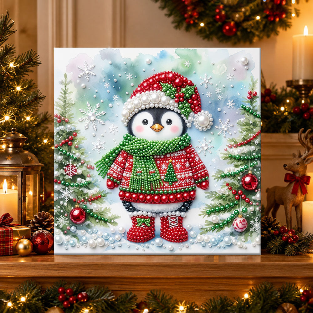 Finished chubby penguin winter outfit pearl diamond painting artwork displayed as holiday home decor