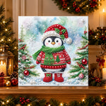 Finished chubby penguin winter outfit pearl diamond painting artwork displayed as holiday home decor