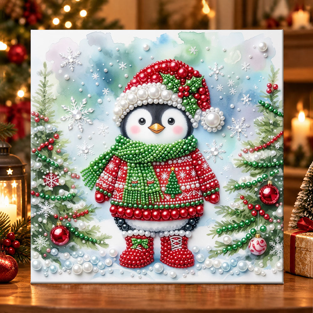 Chubby penguin winter outfit pearl diamond painting kit for beginners