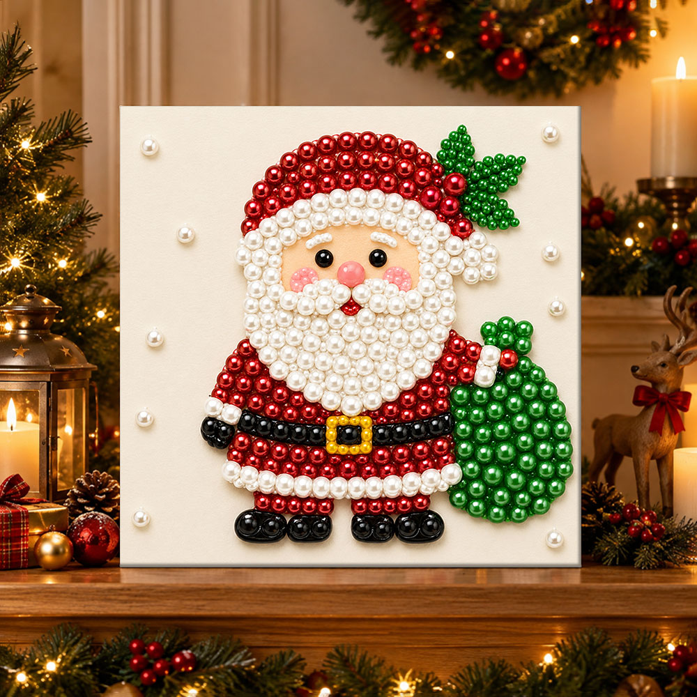 Finished chubby santa with gift bag pearl diamond painting artwork displayed as holiday home decor