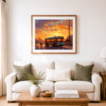 Finished city trolley in golden dusk cross stitch artwork displayed as home decor