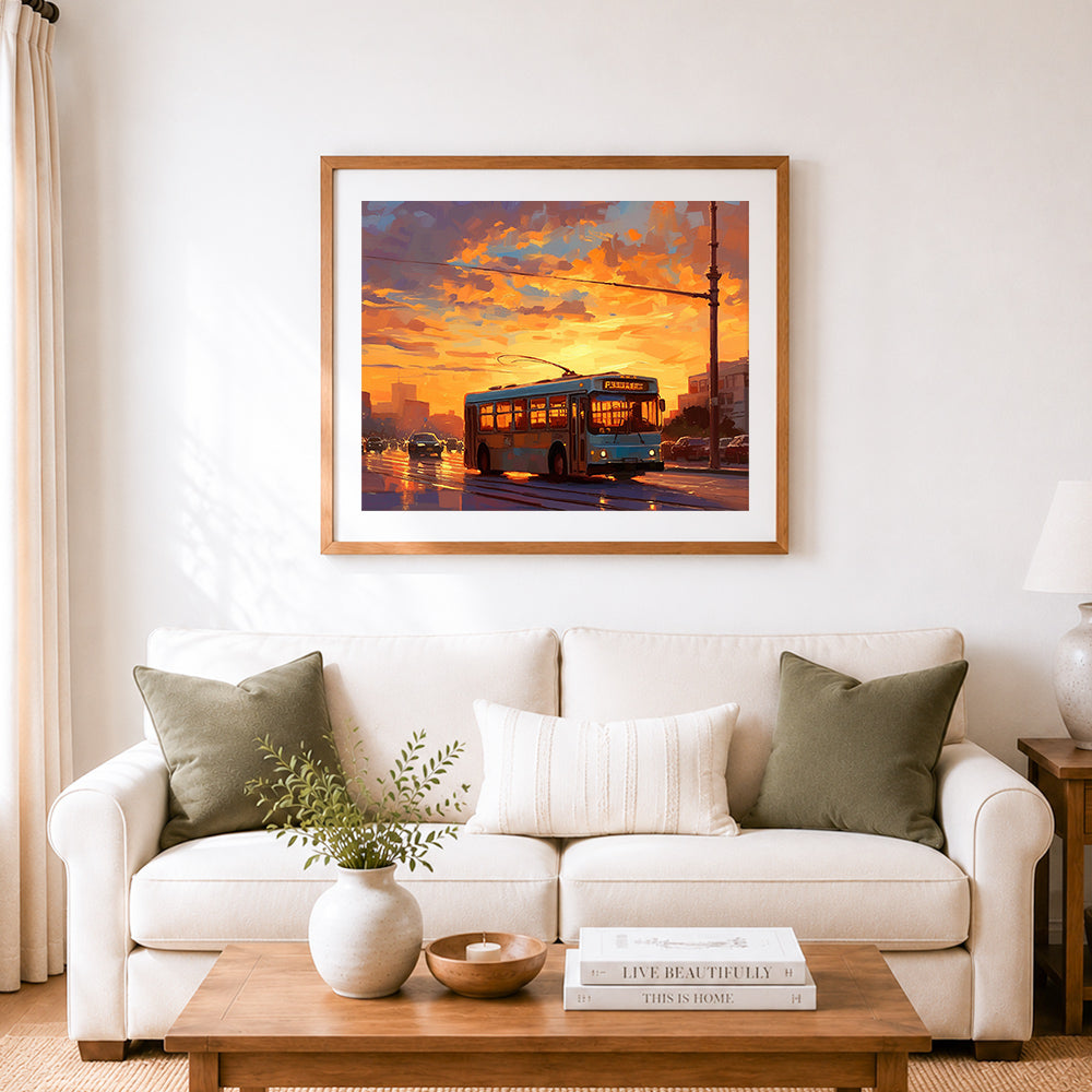 Finished city trolley in golden dusk cross stitch artwork displayed as home decor