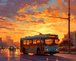 City trolley in golden dusk cross stitch kit for beginners