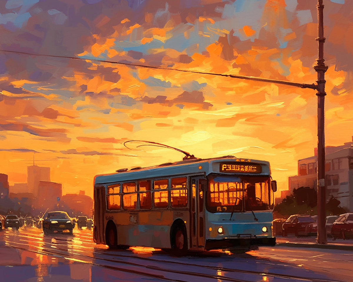 City trolley in golden dusk cross stitch kit for beginners
