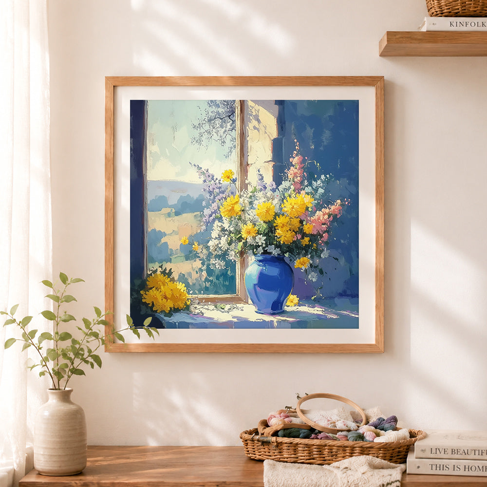Finished classic blue vase and yellow daisies cross stitch artwork displayed as home decor