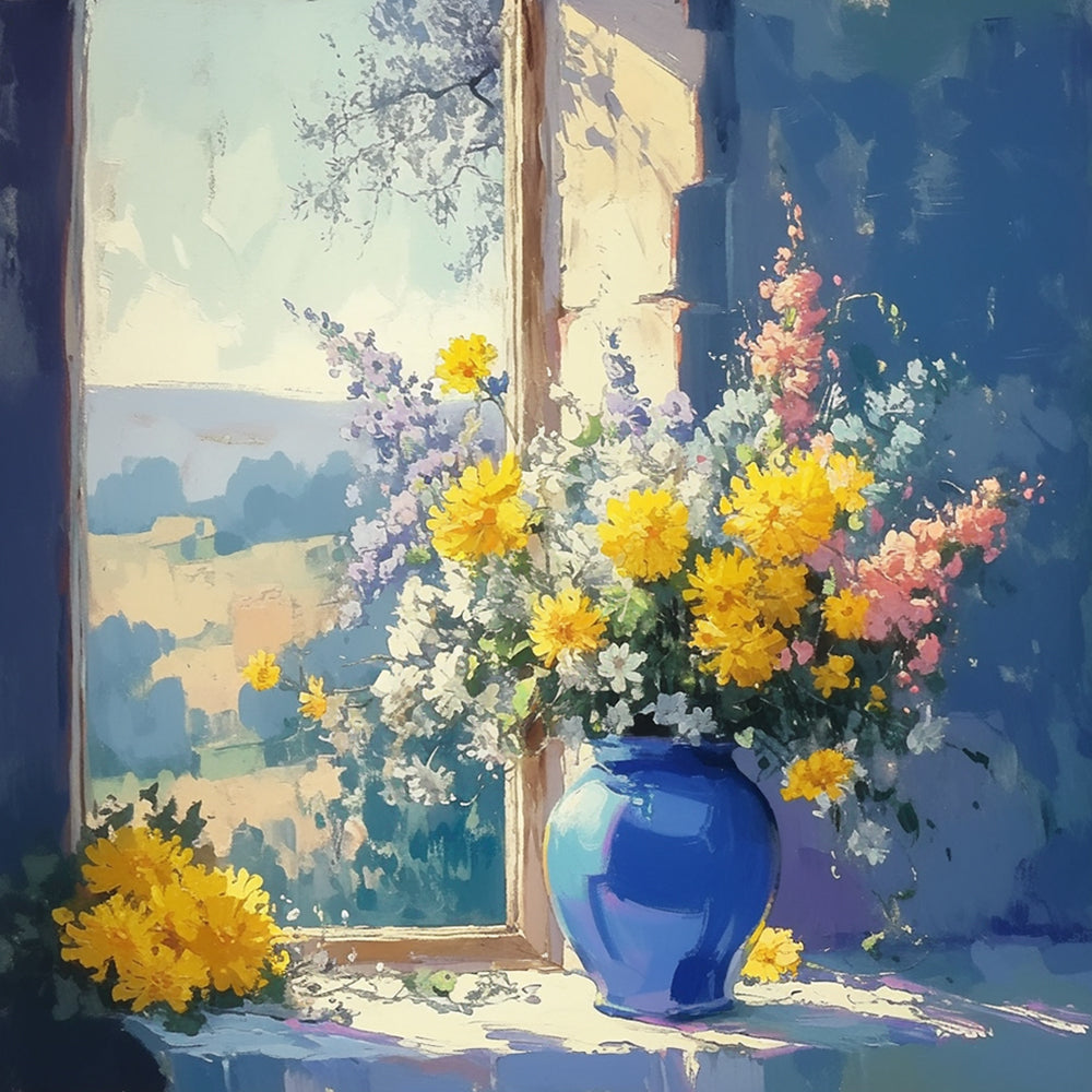 Classic blue vase and yellow daisies cross stitch kit for beginners